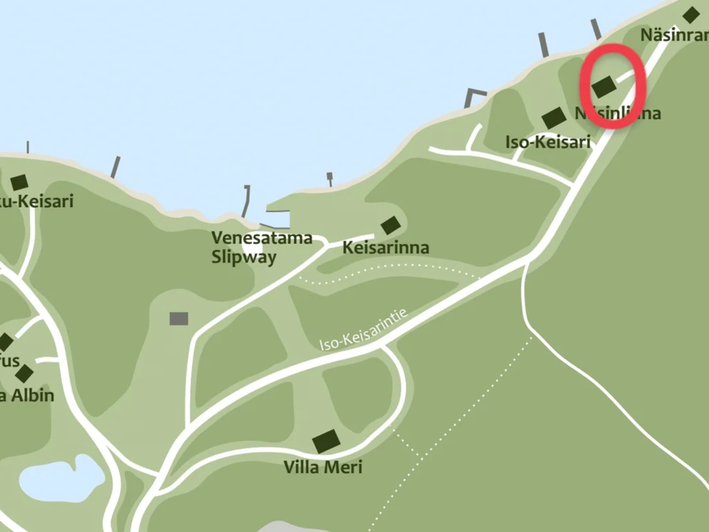 Näsinlinna vuokramökki meren rannalla Salossa sijainti kartalla